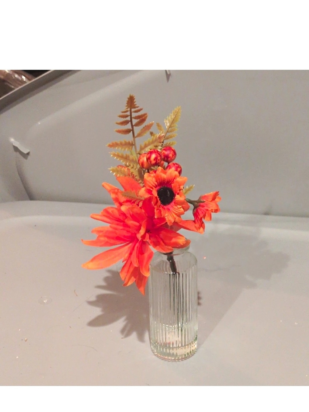 Orange Faux Floral Arrangement in Clear Ribbed Glass Vase - Home Accents